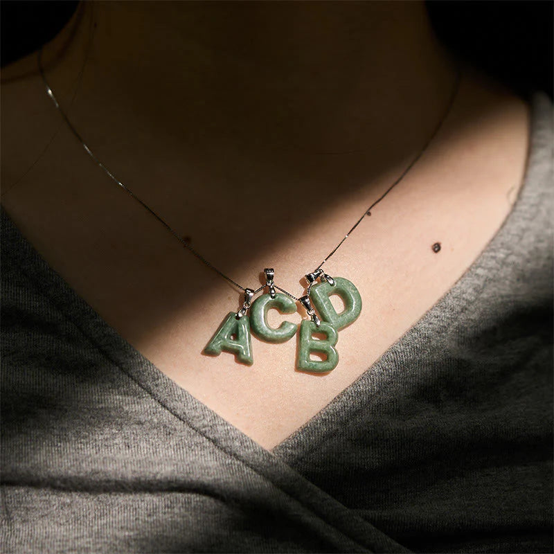 Buddha Stones Natural A-Z Letter Jade 925 Sterling Silver Silm Chain Prosperity Necklace Pendant