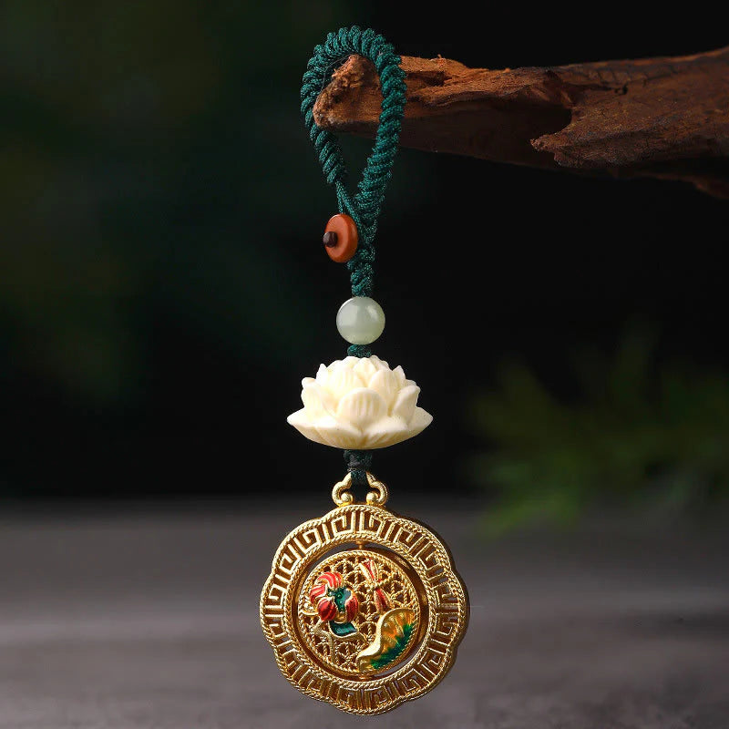 Buddha Stones Bodhi Seed Lotus Hetian Jade Bead Copper Rotatable Peace Key Chain