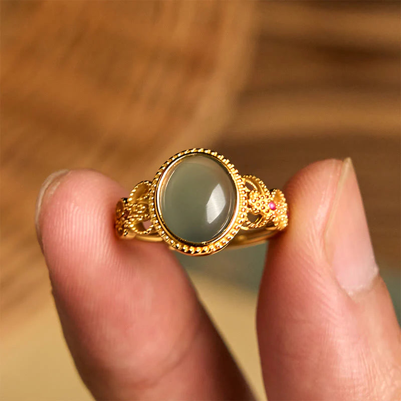 Buddha Stones Natural 925 Sterling Silver Plated Gold Hollow Design Jade Luck Ring