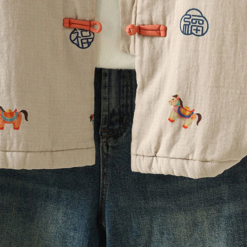 Buddha Stones Horse Fu Character Pattern Frog-Button Design Women's Long Sleeve Thickened Jacket