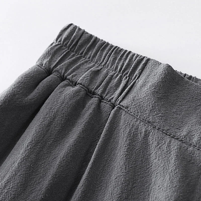 Buddha Stones Summer Plain Straight Leg Men's Cotton Linen Ankle-Length Pants With Pockets