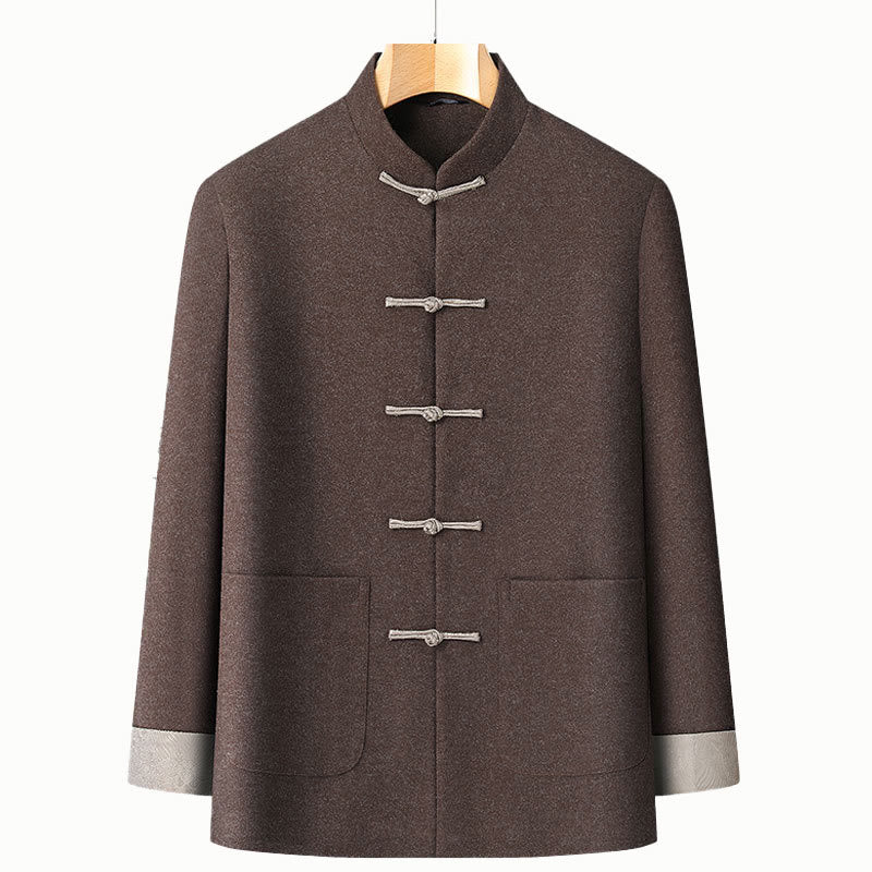 Buddha Stones Men's Fall Pure Color Frog-button Long Sleeve Cotton Tang Suit Jacket With Pockets