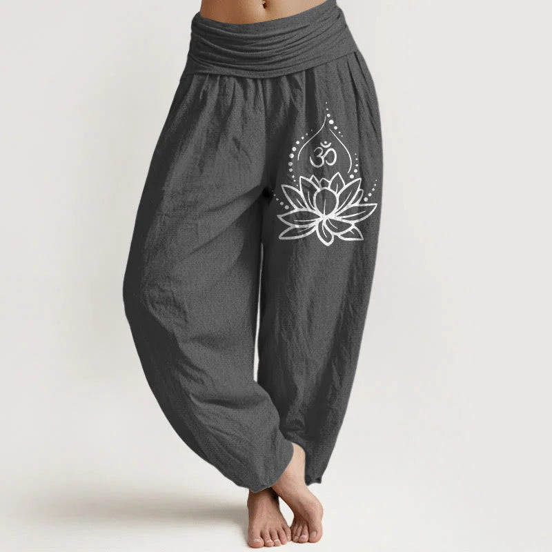 Buddha Stones Blooming Lotus Om Symbol Pattern Women's Elastic Waist Harem Cotton Pants
