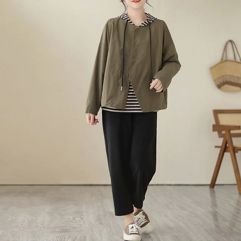 Buddha Stones Spring Plain Asymmetry Design Long Sleeve Women's Cotton Linen Jacket With Pockets