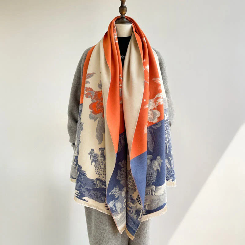 Buddha Stones Fall Flowers Trees Pavilion Pattern Cozy Scarf Shawl