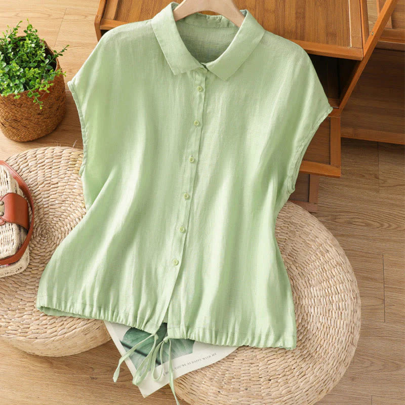 Buddha Stones Summer Plain Color Button Short Sleeve Women's Cotton Shirt