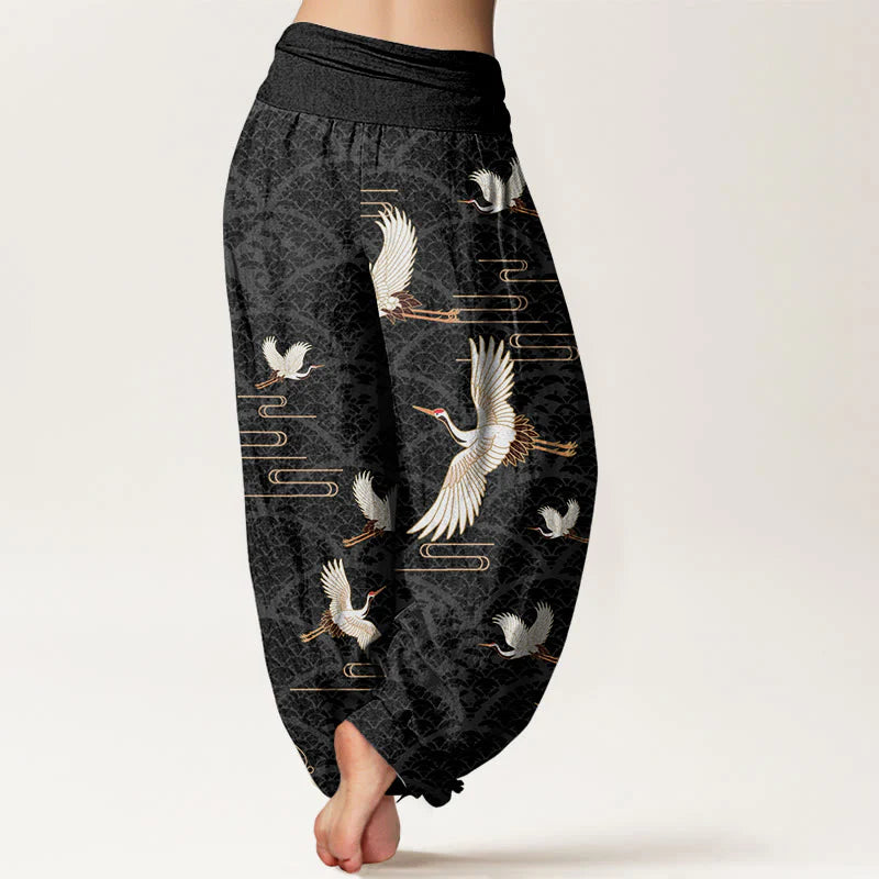 Buddha Stones Print Cranes Wave Pattern Women's Elastic Waist Harem Pure Cotton Pants