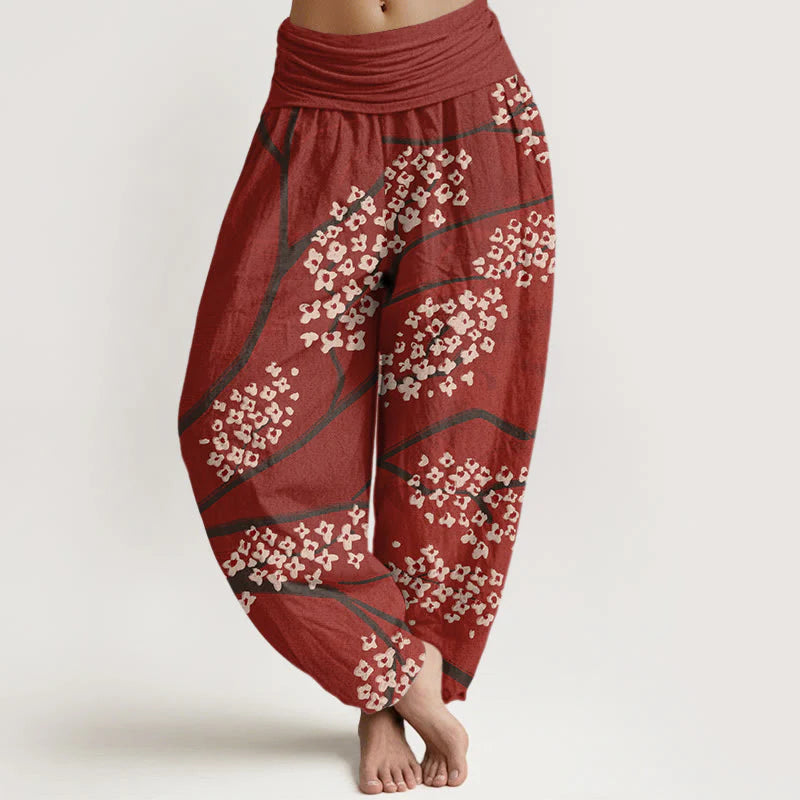 Buddha Stones Cotton Casual Plum Blossom Branch Pattern Women's Elastic Waist Harem Pants
