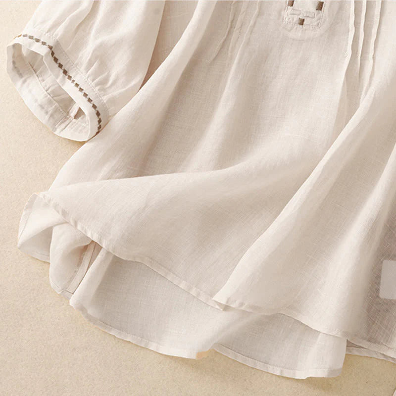 Buddha Stones Embroidery Crew Neck Pleats Women's Cotton Linen Half Sleeve T-shirt