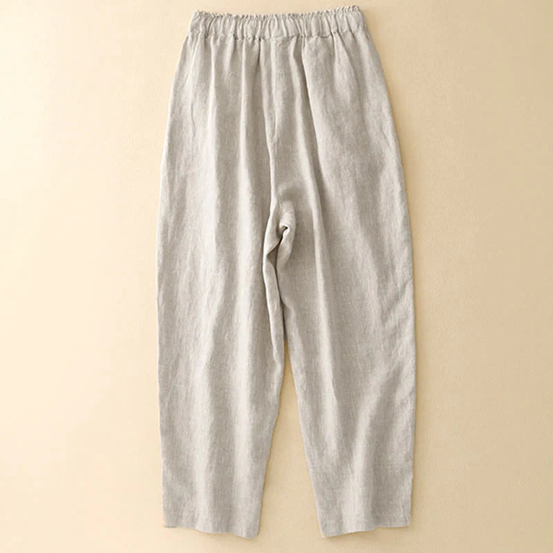 Buddha Stones Summer Solid Color Side Button Design Cotton Linen Women's Harem Pants With Pockets