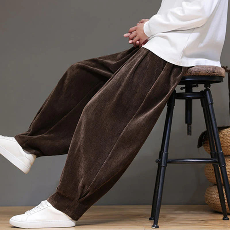 Buddha Stones Winter Pure Color Cotton Men's Harem Thickened Fleece-lined Pants With Pockets