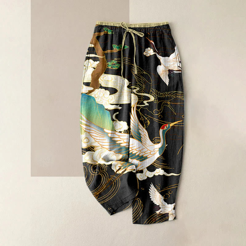 Buddha Stones Cotton Casual Flying Cranes Auspicious Clouds Tree Women's Elastic Waist Pants With Pockets