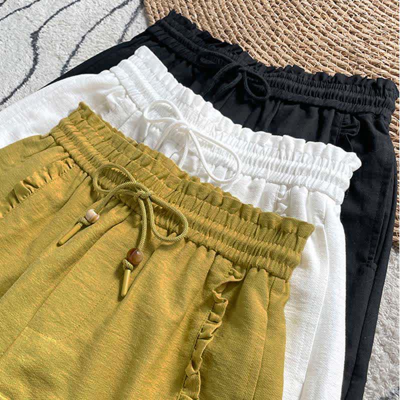 Buddha Stones Summer Drawstring Ruffle Elastic Waist Women's Shorts With Pockets