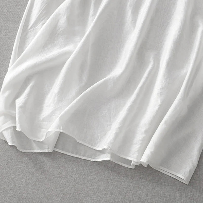 Buddha Stones Summer White Pure Color Embroidery Leaf Flower V-Neck Short Sleeve Midi Dress With Pockets
