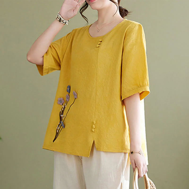 Buddha Stones Three-dimensional Flowers Design Crew Neck Short Sleeve Cotton Women's Shirt
