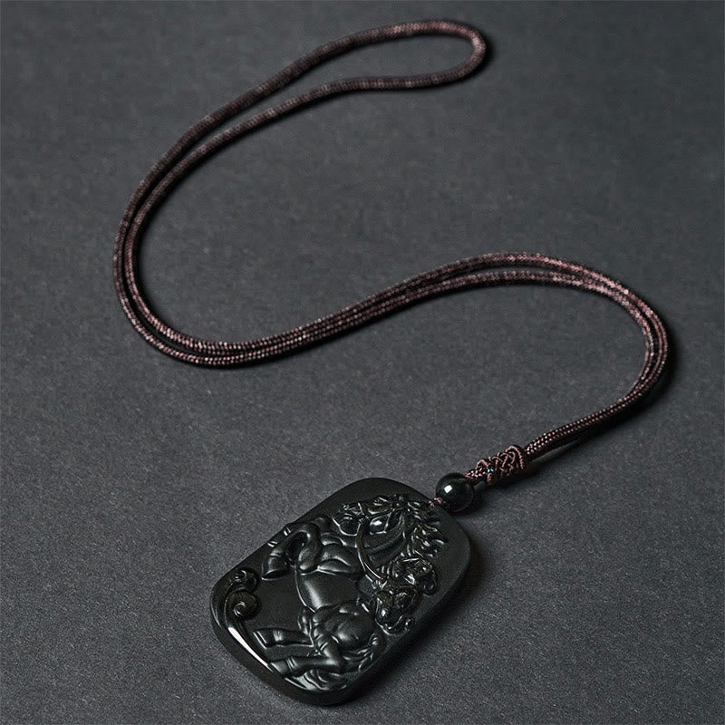 Buddha Stones Year of the Horse Monkey Pattern Om Mani Padme Hum Black Obsidian Strength Necklace Pendant