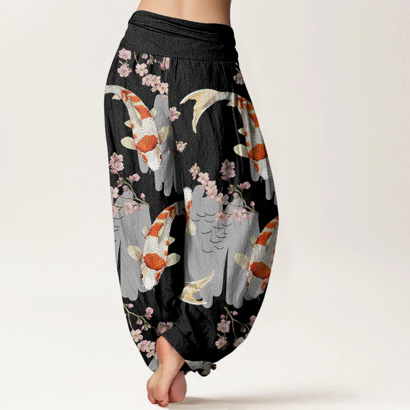 Buddha Stones Cotton Casual Koi Fish Cherry Blossom Pattern Women's Elastic Waist Harem Pants