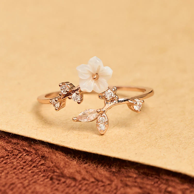 Buddha Stones White Flower Design Adjustable Healing Copper Ring