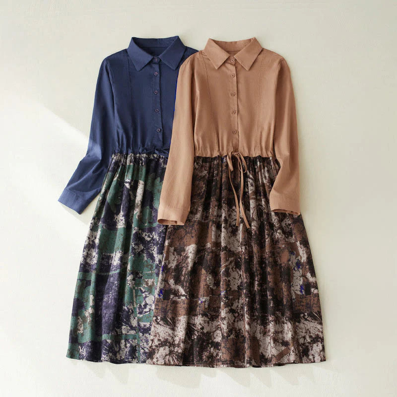 Buddha Stones Fall Printed Patchwork Design Drawstring Long Sleeve Linen Midi Dress With Pockets