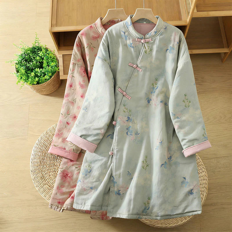 Buddha Stones Frog-button Flower Pattern Crew Neck Thickened Long Sleeve Women's Coat
