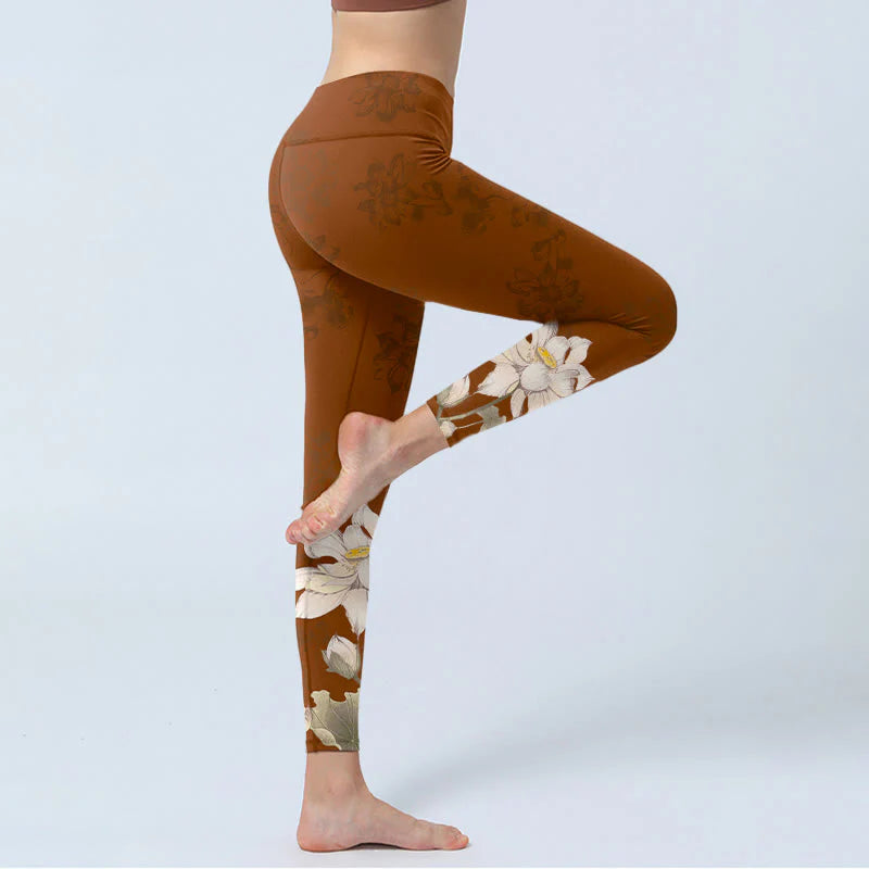 Buddha Stones Brown White Lotus Flower Print Gym Leggings Women's Yoga Pants