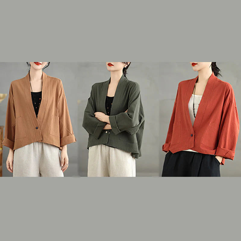 Buddha Stones Casual Vintage Plain Long Sleeve Open Front Cardigan Cotton Linen Jacket With Pockets
