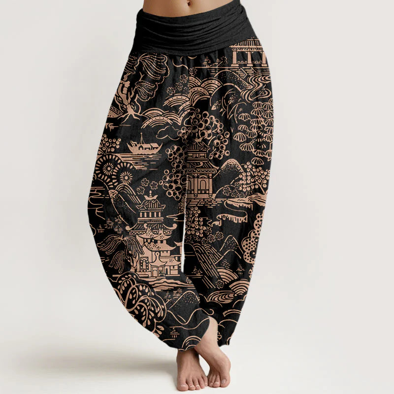 Buddha Stones Cotton Exquisite Tree Building Cloud Pattern Women's Elastic Waist Harem Pants
