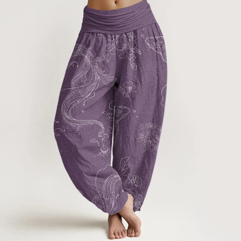 Buddha Stones Cotton Koi Fish Floral Pattern Women's Elastic Waist Harem Pants