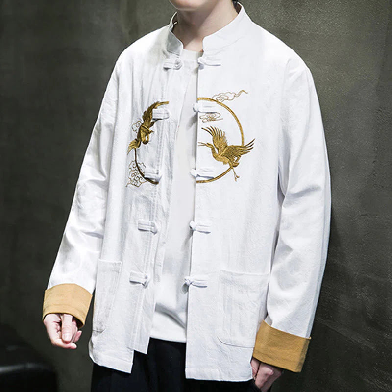 Buddha Stones Embroidery Cranes Pattern Frog-Button Men's Cotton Long Sleeve Jacket With Pockets