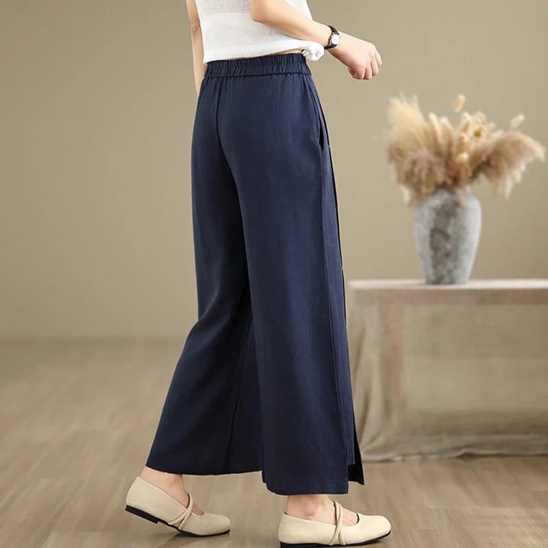 Buddha Stones Spring Casual Navy Simple Line Design Cotton Linen Women's Wide Leg Pants With Pockets