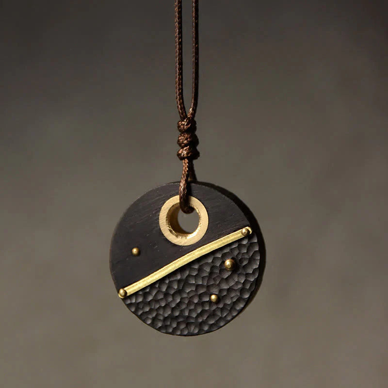 Buddha Stones Handcrafted Round Ebony Wood Brass Copper Peace Necklace Pendant