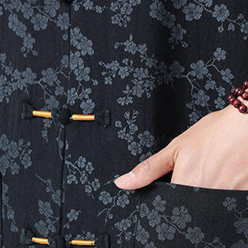 Buddha Stones Summer Peach Blossoms Pattern Chinese Frog-Button Cotton Linen Short Sleeve Men's Shirt