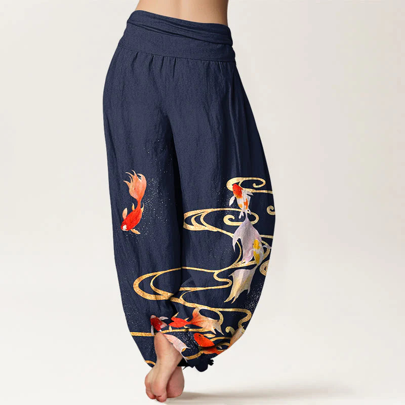 Buddha Stones Pure Cotton Koi Fish Koi Water Ripples Pattern Women's Elastic Waist Harem Pants
