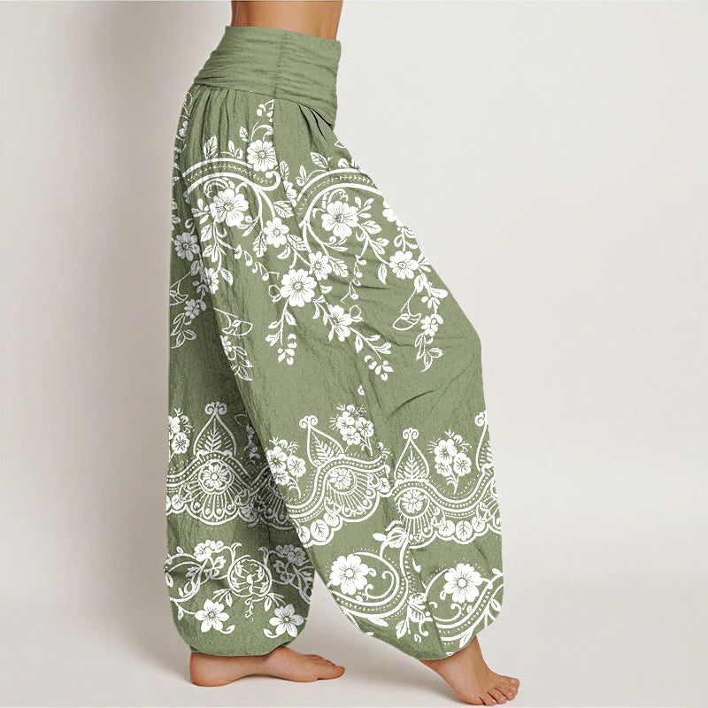 Buddha Stones Cotton Traditional Flower Vine Leaf Pattern Women's Elastic Waist Harem Pants