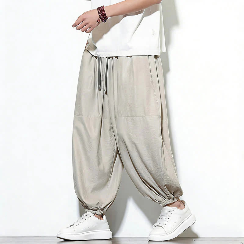 Buddha Stones Spring Solid Color Drawstring Cropped Men's Harem Cotton Pants With Pockets