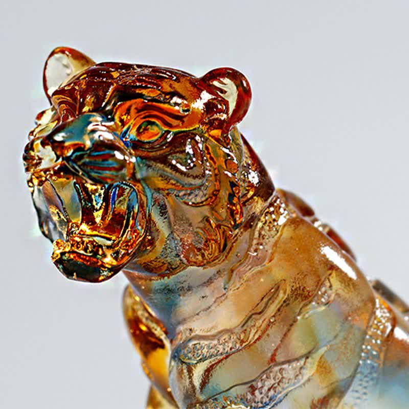 Buddha Stones Handmade Liuli Crystal Tiger Art Piece Protection Home Decoration