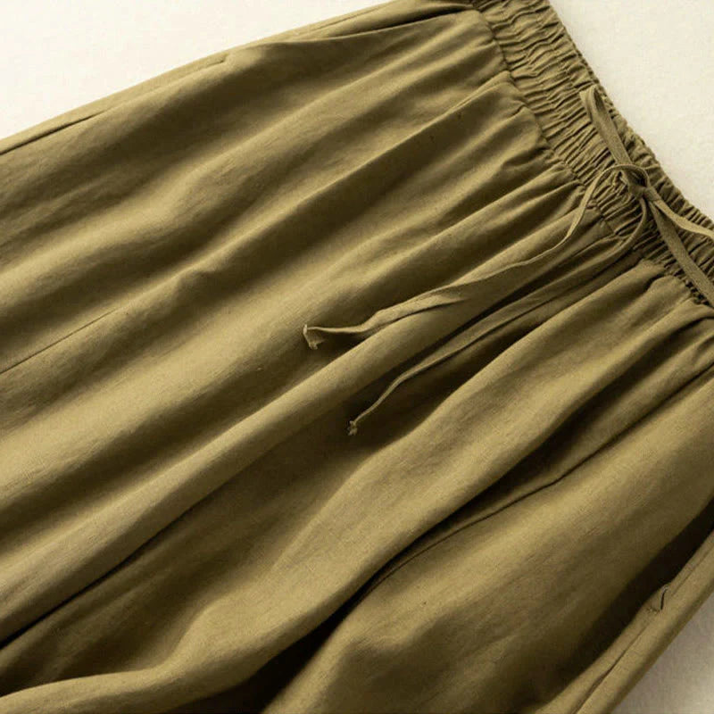 Buddha Stones Plain Color 7-8 Length Capri Cropped Pants Cotton Linen Women's Wide Leg Pants With Pockets