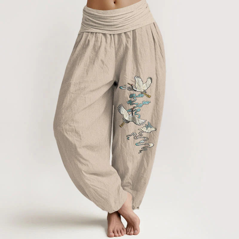 Buddha Stones Pure Cotton Elegant Crane Cloud Mountain Pattern Women's Elastic Waist Harem Pants
