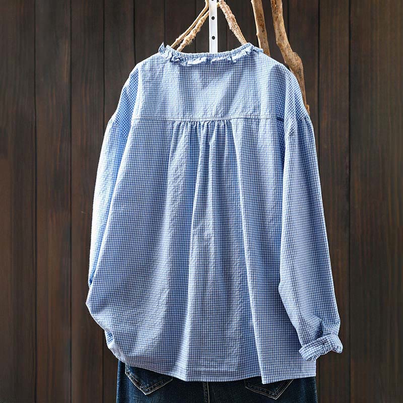 Buddha Stones Spring Small Plaid Buttons Down Long Sleeve Women's Cotton Shirt