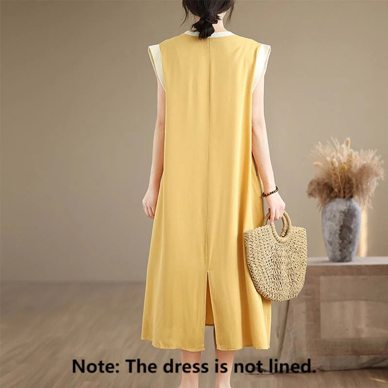 Buddha Stones Pure Color Slit Design Sleeveless Cotton Midi Dress With Pockets