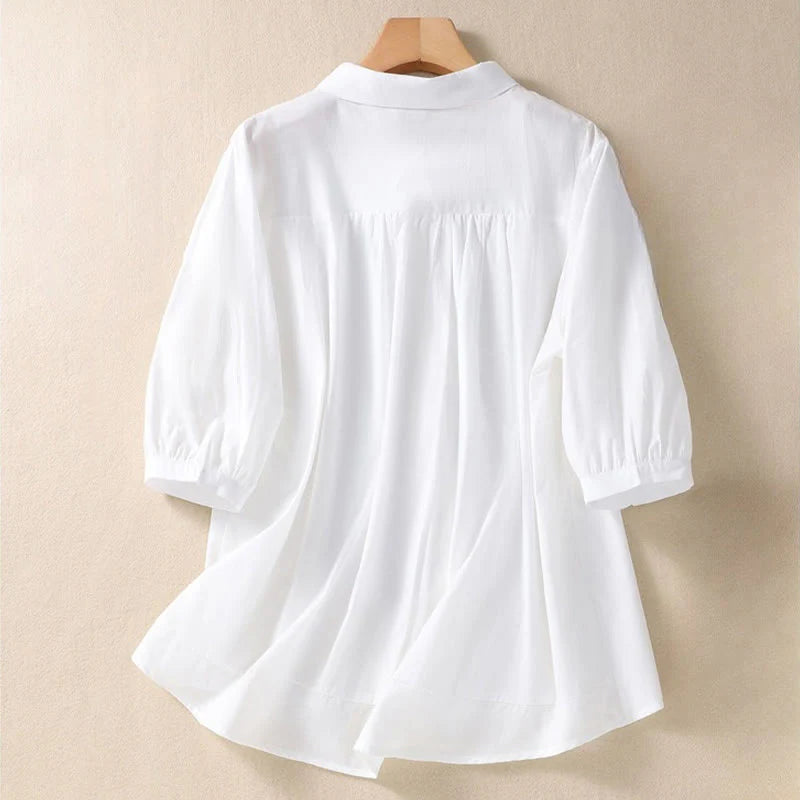 Buddha Stones Summer Plain Button Embroidery Flower Pattern Three Quarter Sleeve Lapel Cotton Linen Women's Shirt