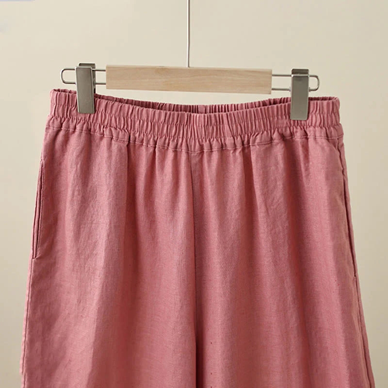 Buddha Stones Commute Retro Plain Lace Patchwork Design 7-8 Length Women's Wide Leg Cotton Pants With Pockets