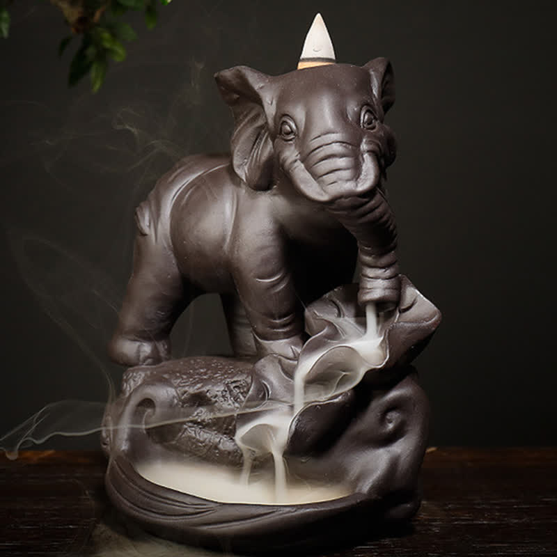 Buddha Stones Tibetan Elephant Purple Clay Backflow Smoke Fountain Peace Healing Incense Burner Decoration