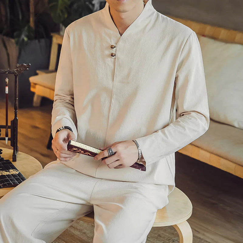 Buddha Stones 2Pcs Shirt Ankle-Length Pants With Pockets Men's Meditation Cloth Set