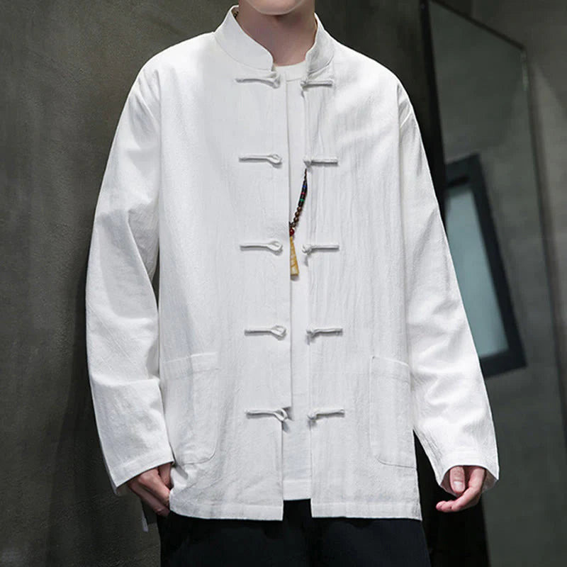 Buddha Stones Simple Frog-Button Chinese Tang Suit Cotton Men Jacket Shirt With Pockets