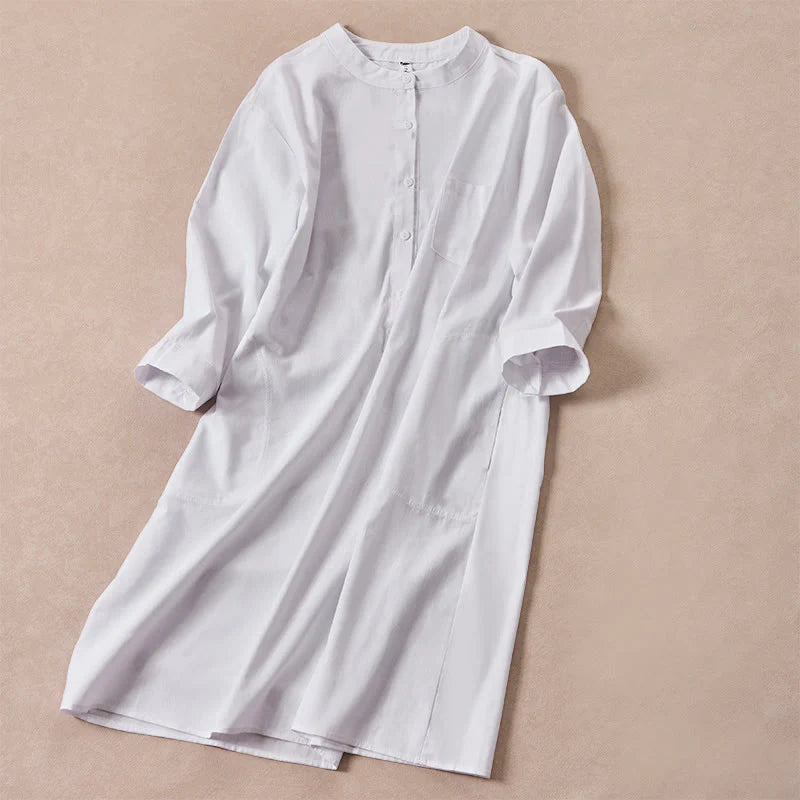 Buddha Stones Fall Solid Color Buttons Design Three Quarter Sleeve Cotton Women's Shirts With Pockets