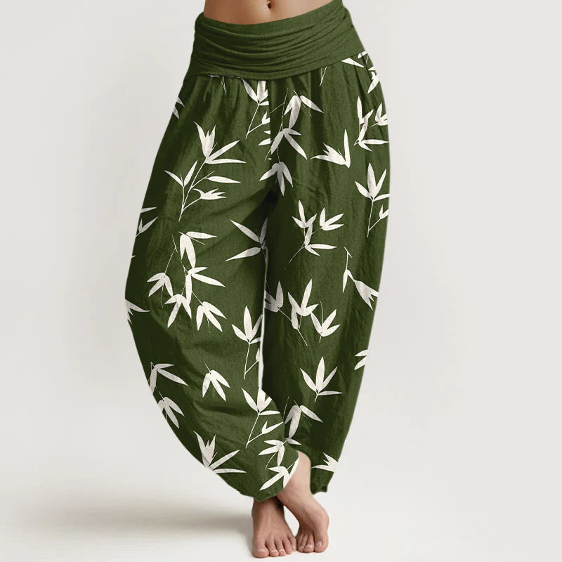 Buddha Stones Pure Cotton Simple Elegant Bamboo Leaf Pattern Women's Elastic Waist Harem Pants