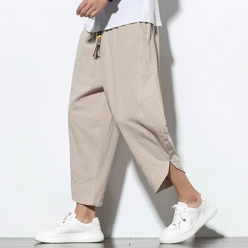 Buddha Stones Summer Stripes Pattern Drawstring Cotton Linen Men's 7-8 Length Harem Pants With Pockets