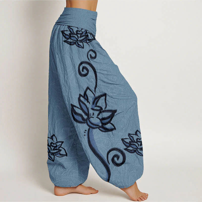 Buddha Stones Cotton Casual Lotus Auspicious Clouds Design Women's Elastic Waist Harem Pants