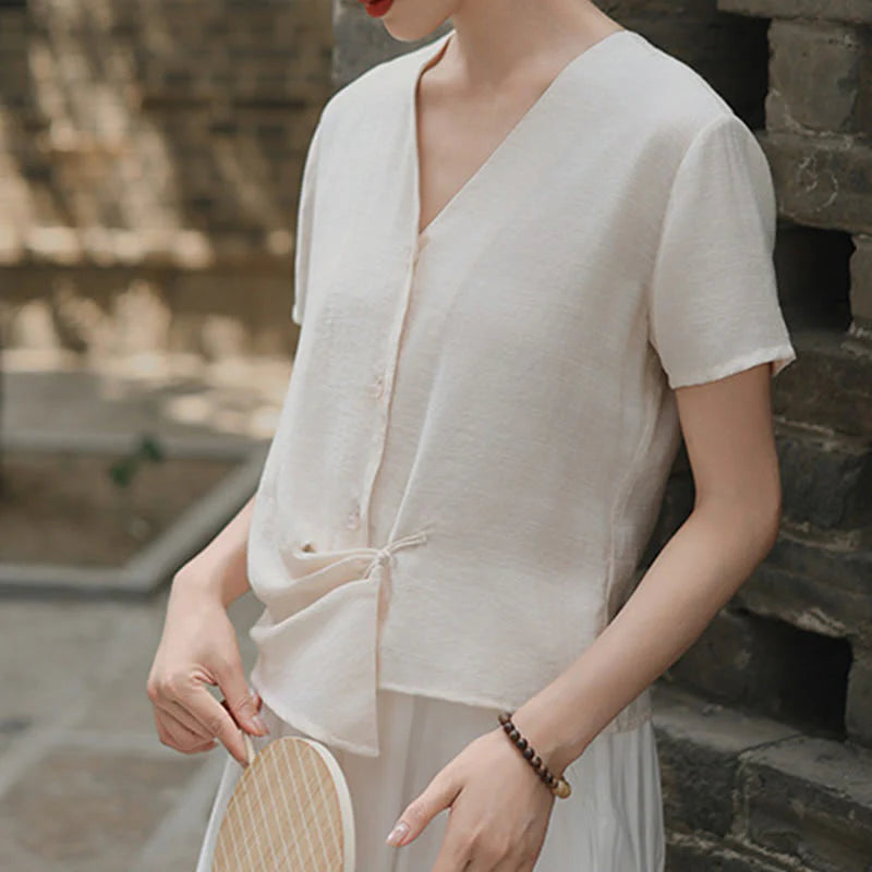 Buddha Stones Button Irregular Design V-Neck Cotton Linen Women's Short Sleeve Shirt